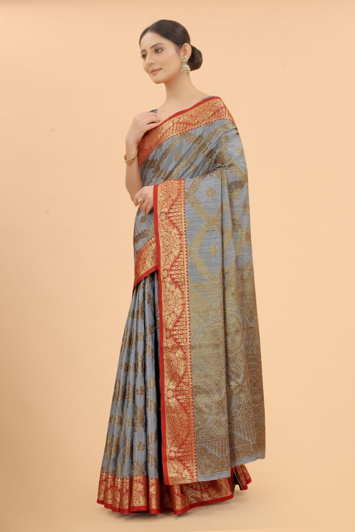 Women's Grey color With Golden Zari Jacquard Woven Self Design Cotton Silk saree with Customize blouse piece