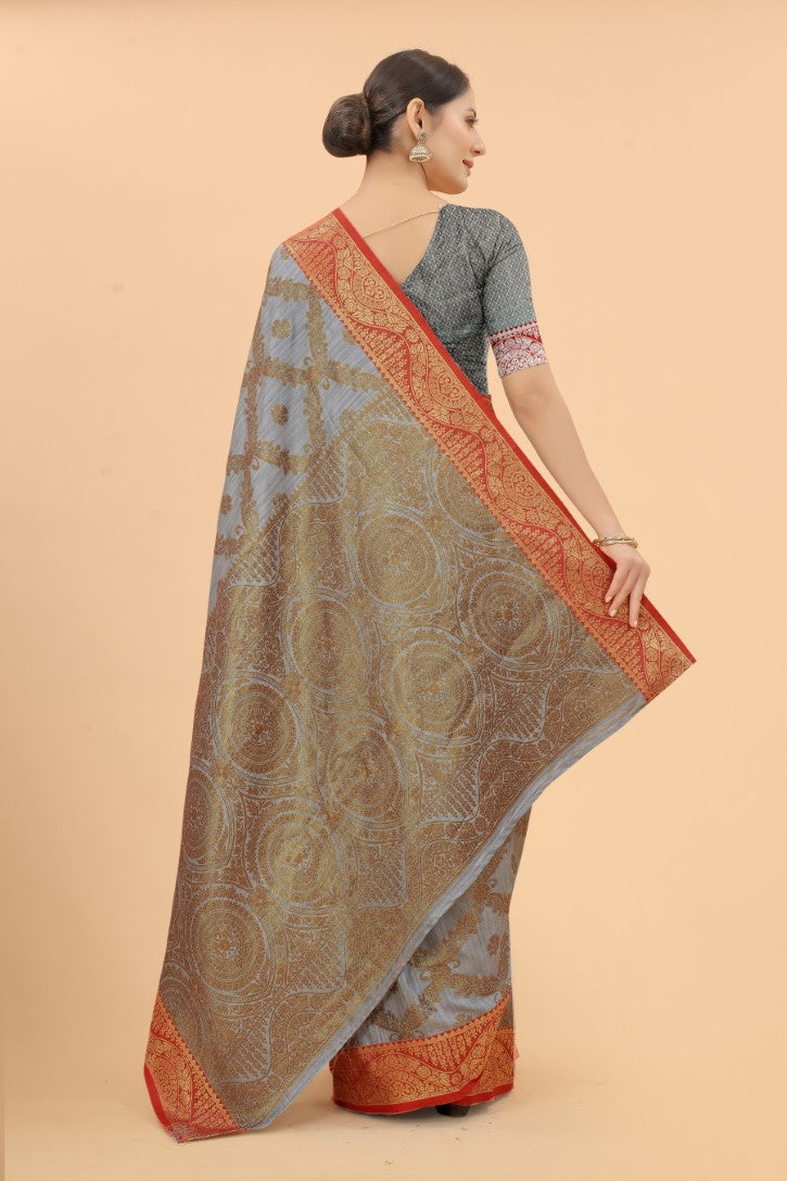 Women's Grey color With Golden Zari Jacquard Woven Self Design Cotton Silk saree with Customize blouse piece