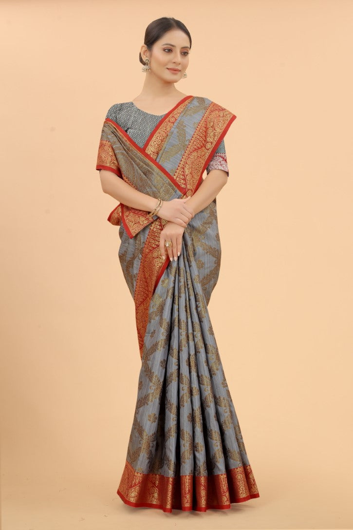 Women's Grey color With Golden Zari Jacquard Woven Self Design Cotton Silk saree with Customize blouse piece