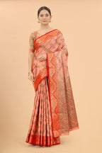 Women's Peach color With Golden Zari Jacquard Woven Self Design Cotton Silk saree with Customize blouse piece