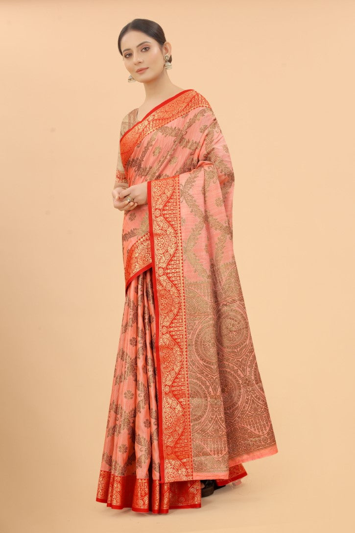 Women's Peach color With Golden Zari Jacquard Woven Self Design Cotton Silk saree with Customize blouse piece