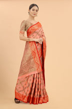 Women's Peach color With Golden Zari Jacquard Woven Self Design Cotton Silk saree with Customize blouse piece