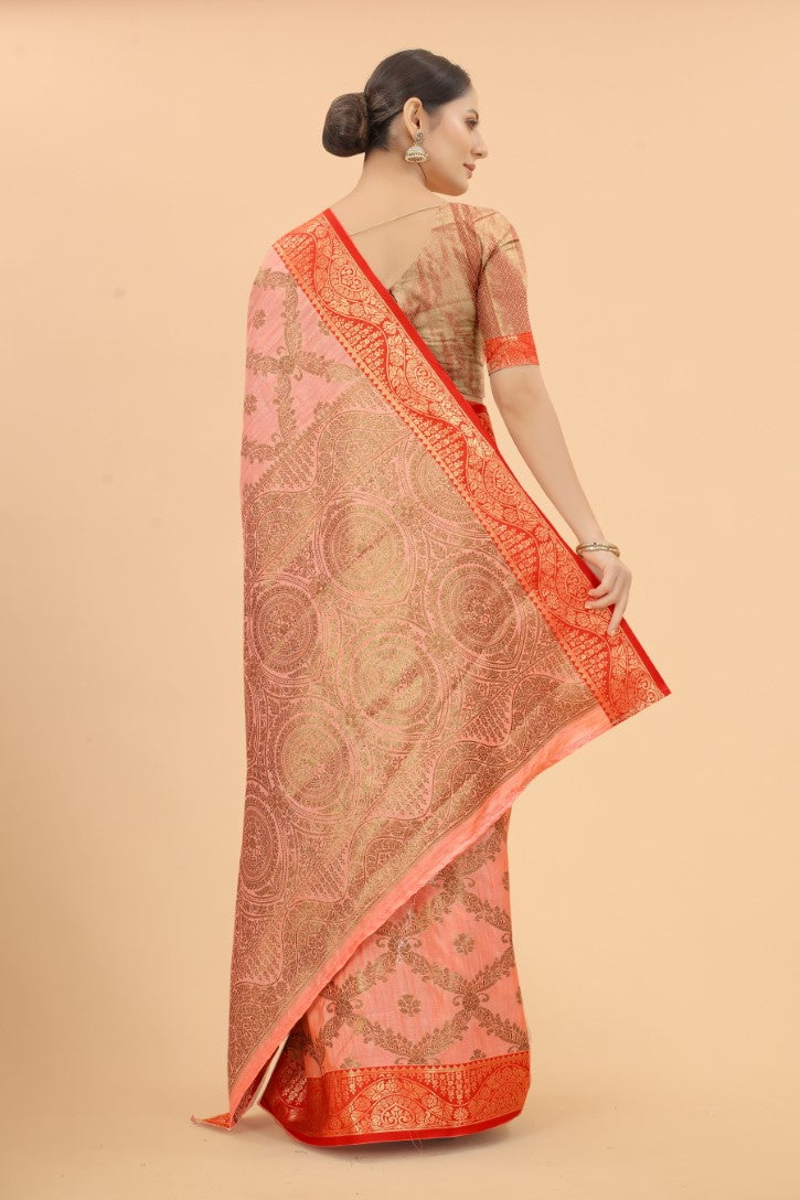Women's Peach color With Golden Zari Jacquard Woven Self Design Cotton Silk saree with Customize blouse piece
