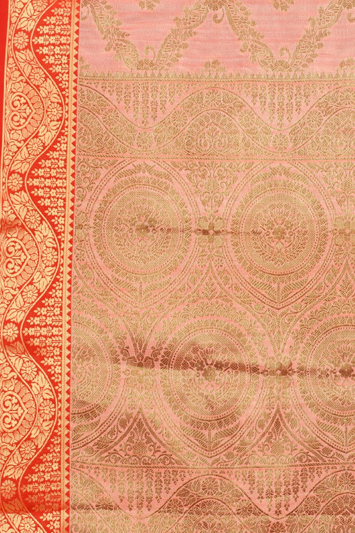 Women's Peach color With Golden Zari Jacquard Woven Self Design Cotton Silk saree with Customize blouse piece