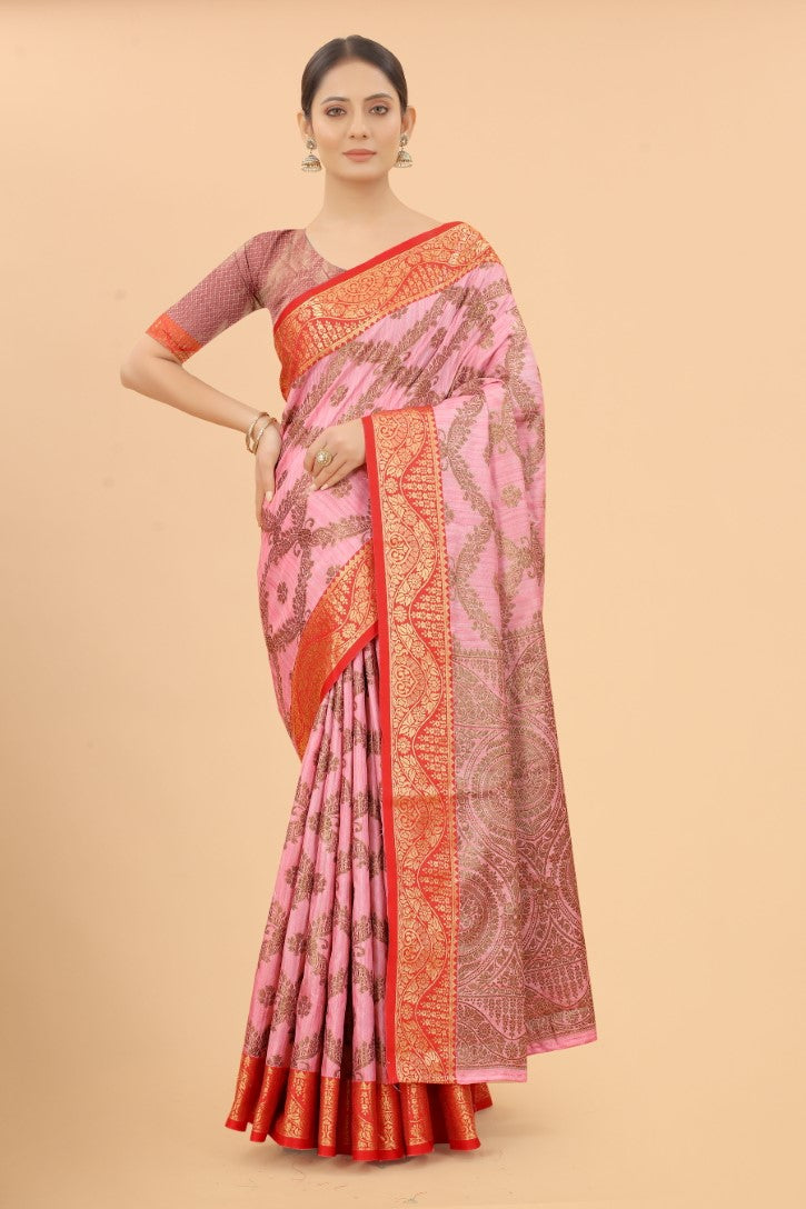 Women's Pink color With Golden Zari Jacquard Woven Self Design Cotton Silk saree with Customize blouse piece
