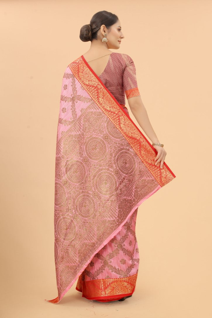 Women's Pink color With Golden Zari Jacquard Woven Self Design Cotton Silk saree with Customize blouse piece