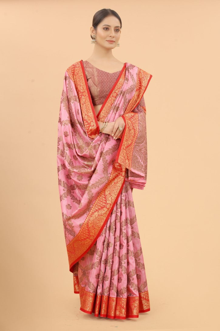 Women's Pink color With Golden Zari Jacquard Woven Self Design Cotton Silk saree with Customize blouse piece