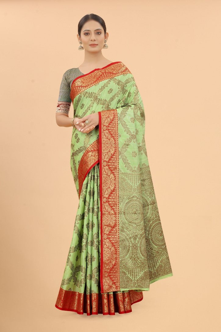 Women's Pista color With Golden Zari Jacquard Woven Self Design Cotton Silk saree with Customize blouse piece