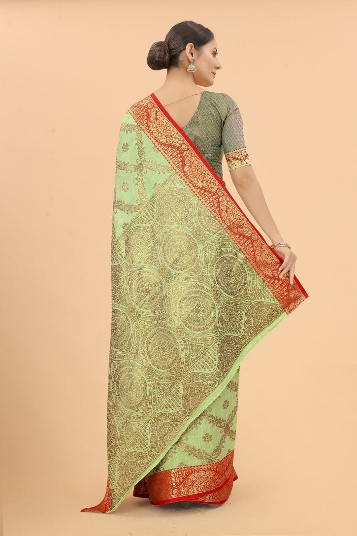 Women's Pista color With Golden Zari Jacquard Woven Self Design Cotton Silk saree with Customize blouse piece