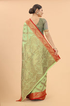 Women's Pista color With Golden Zari Jacquard Woven Self Design Cotton Silk saree with Customize blouse piece