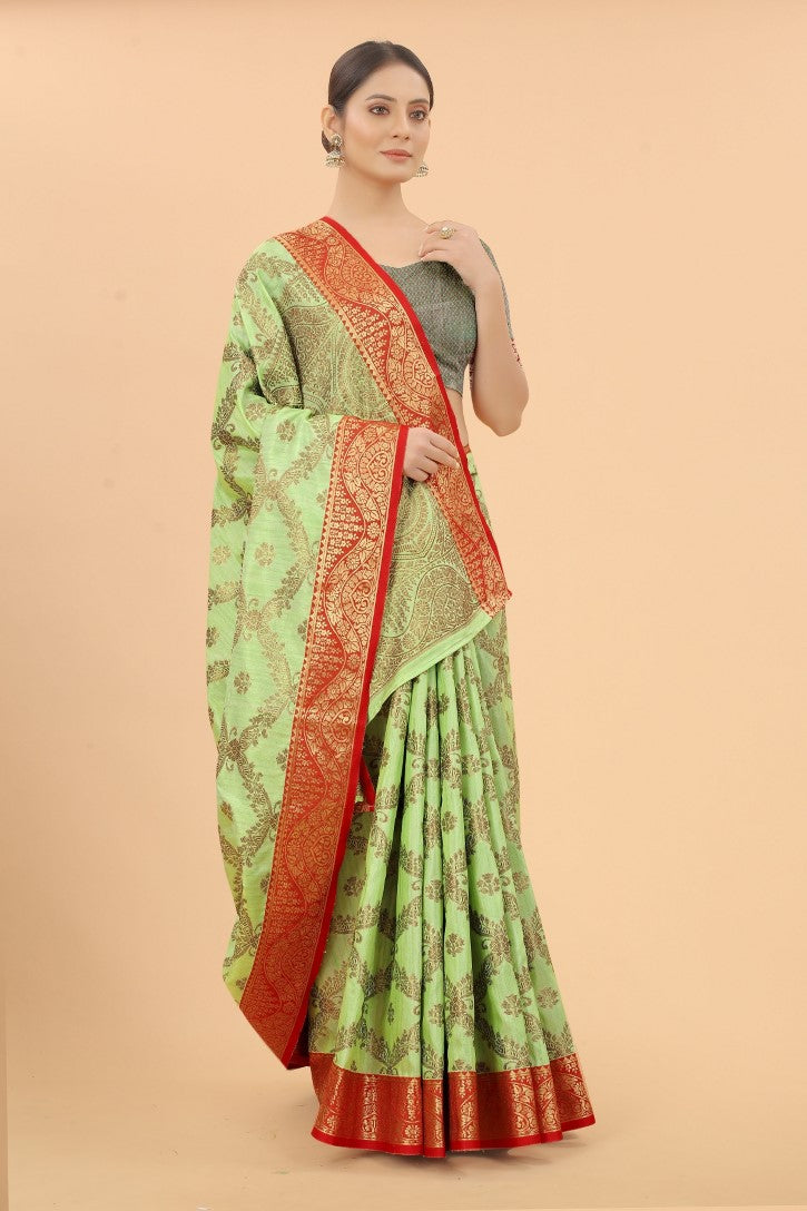 Women's Pista color With Golden Zari Jacquard Woven Self Design Cotton Silk saree with Customize blouse piece