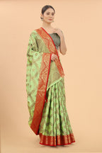 Women's Pista color With Golden Zari Jacquard Woven Self Design Cotton Silk saree with Customize blouse piece