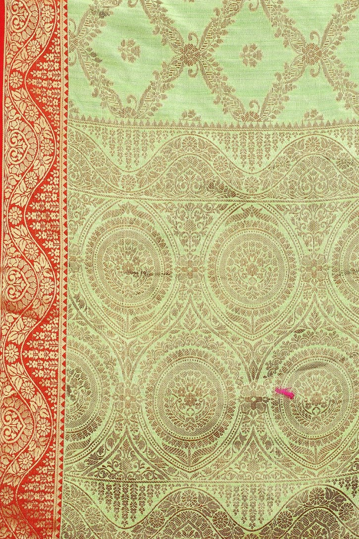 Women's Pista color With Golden Zari Jacquard Woven Self Design Cotton Silk saree with Customize blouse piece