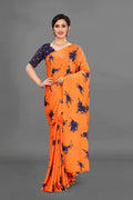 VSaree India Orange Printed Moss Silk Saree With Embroidery Blouse