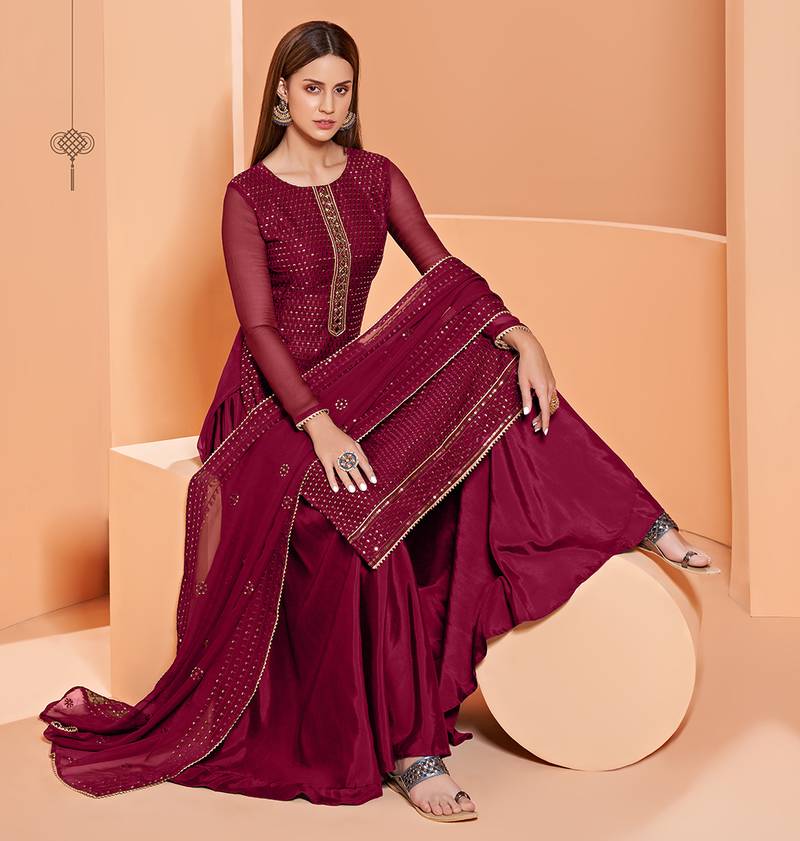 Magenta Thread Emboidery Pure Georgette Salwar Semi Stitched Dress Matrials