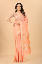Women's Peach color With Golden Zari Woven Pure Silk saree with Customize blouse piece