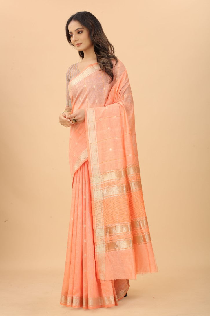 Women's Peach color With Golden Zari Woven Pure Silk saree with Customize blouse piece