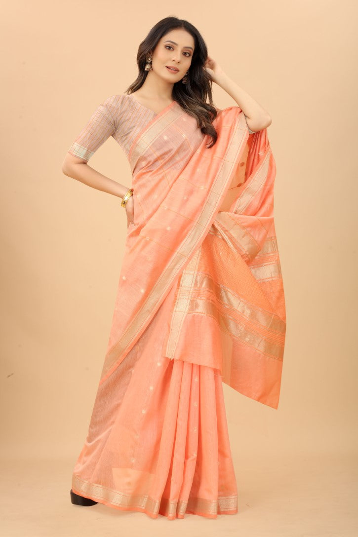 Women's Peach color With Golden Zari Woven Pure Silk saree with Customize blouse piece
