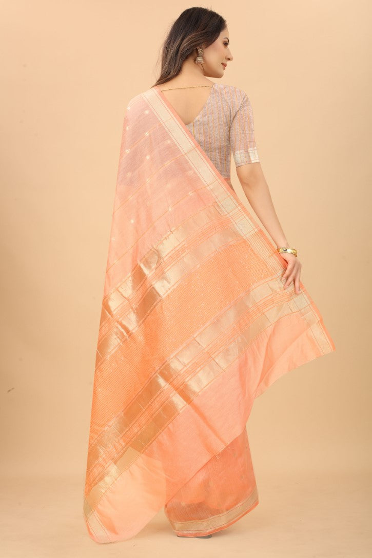 Women's Peach color With Golden Zari Woven Pure Silk saree with Customize blouse piece