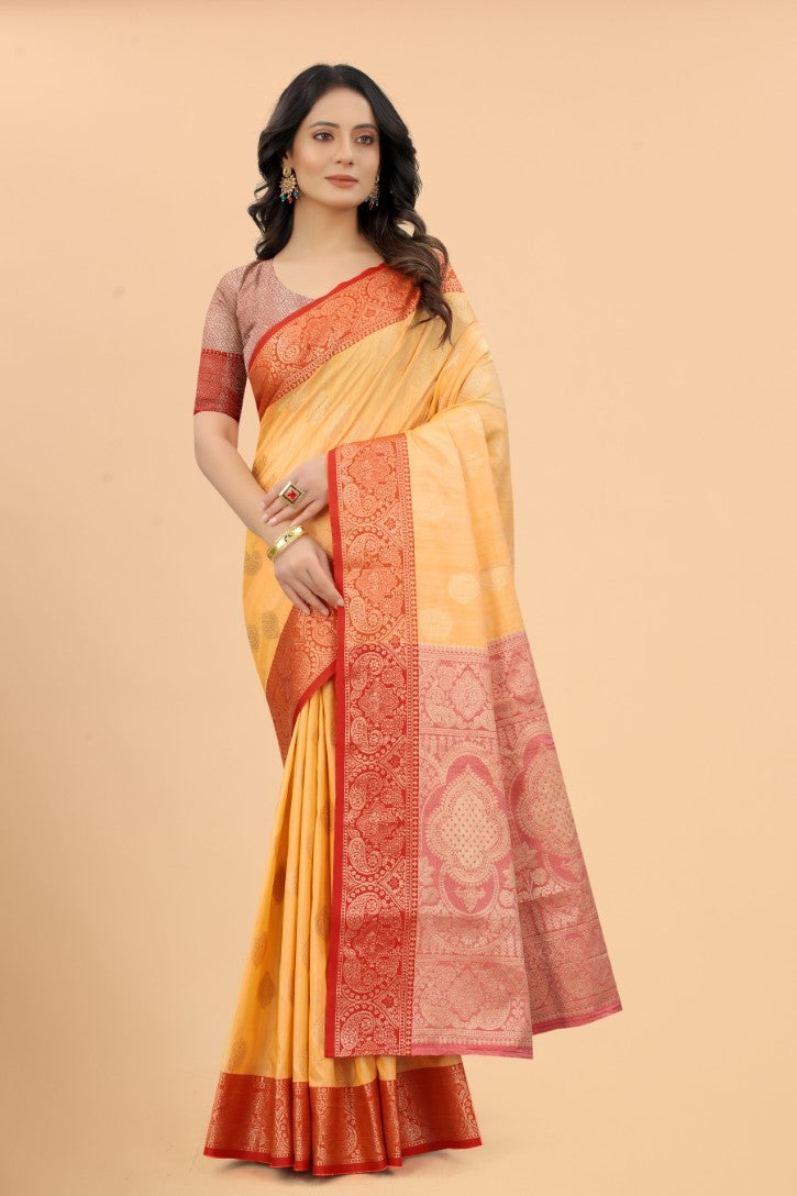 Women's Yellow color With Golden Zari Jacquard Woven Self Design Cotton Silk saree with Customize blouse piece