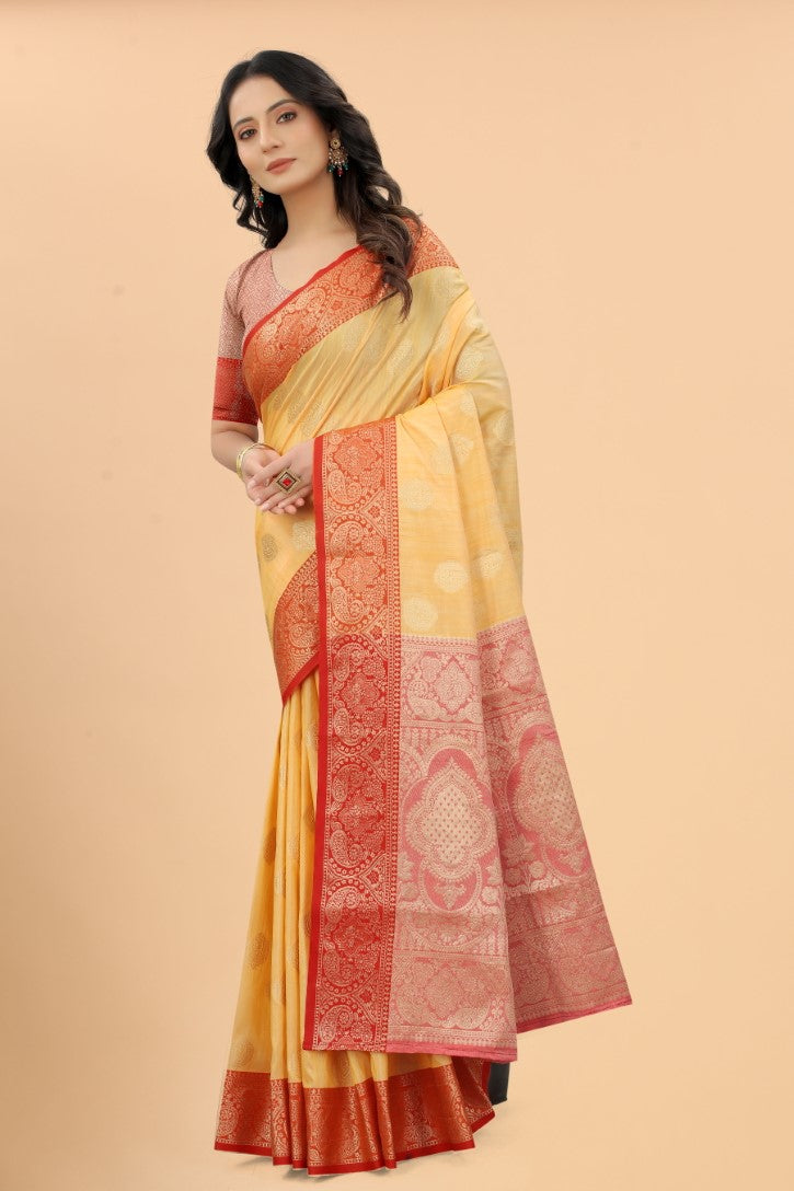 Women's Yellow color With Golden Zari Jacquard Woven Self Design Cotton Silk saree with Customize blouse piece