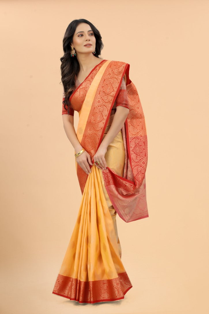 Women's Yellow color With Golden Zari Jacquard Woven Self Design Cotton Silk saree with Customize blouse piece