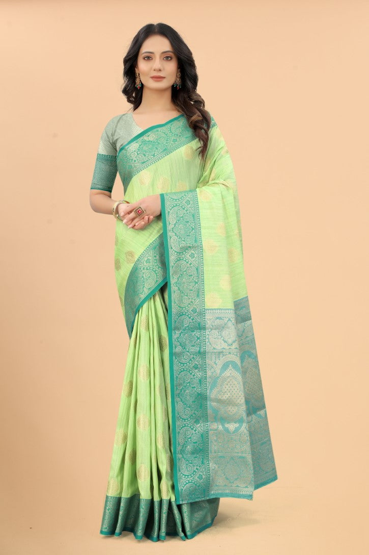 Women's Pista color With Golden Zari Jacquard Woven Self Design Cotton Silk saree with Customize blouse piece