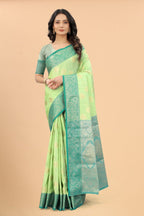 Women's Pista color With Golden Zari Jacquard Woven Self Design Cotton Silk saree with Customize blouse piece