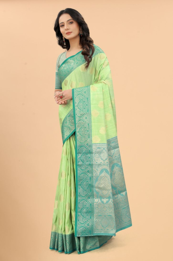 Women's Pista color With Golden Zari Jacquard Woven Self Design Cotton Silk saree with Customize blouse piece