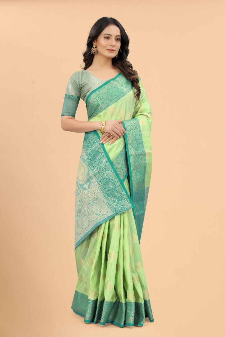 Women's Pista color With Golden Zari Jacquard Woven Self Design Cotton Silk saree with Customize blouse piece