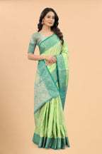 Women's Pista color With Golden Zari Jacquard Woven Self Design Cotton Silk saree with Customize blouse piece