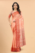Women's Orange color With Golden Zari Jacquard Woven Self Design Cotton Silk saree with Customize blouse piece