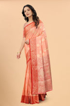 Women's Orange color With Golden Zari Jacquard Woven Self Design Cotton Silk saree with Customize blouse piece