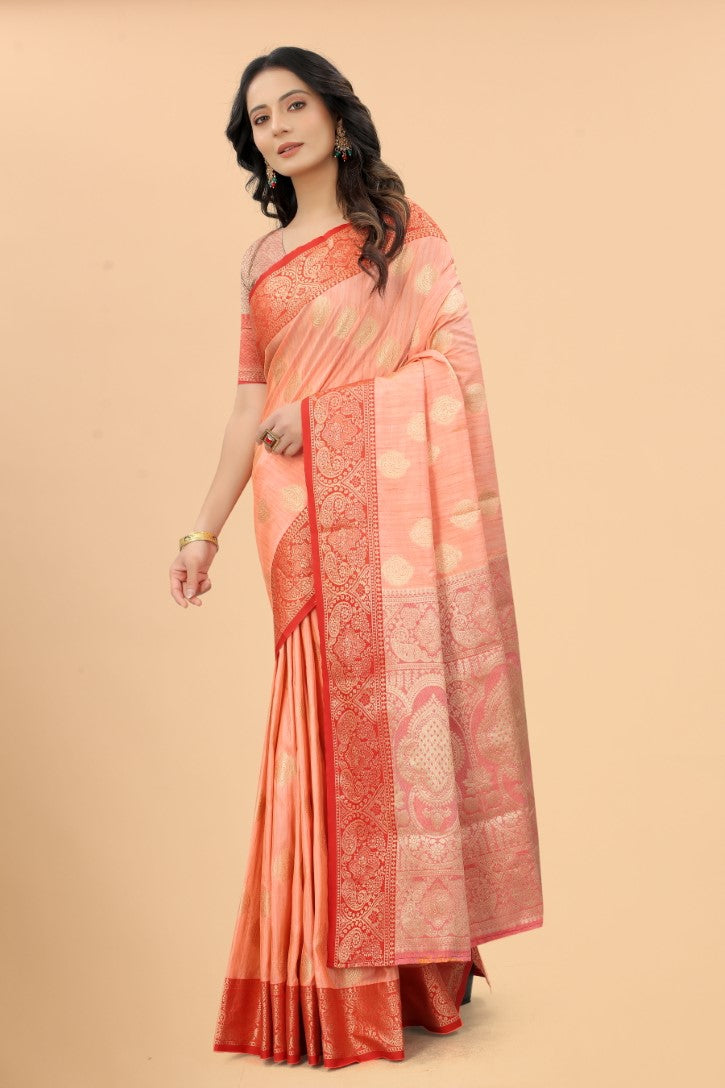 Women's Orange color With Golden Zari Jacquard Woven Self Design Cotton Silk saree with Customize blouse piece