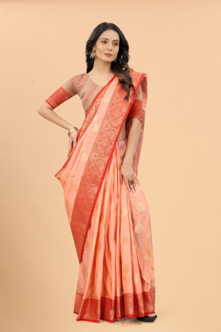 Women's Orange color With Golden Zari Jacquard Woven Self Design Cotton Silk saree with Customize blouse piece