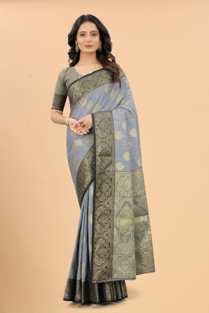 Women's Grey color With Golden Zari Jacquard Woven Self Design Cotton Silk saree with Customize blouse piece