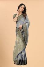 Women's Grey color With Golden Zari Jacquard Woven Self Design Cotton Silk saree with Customize blouse piece