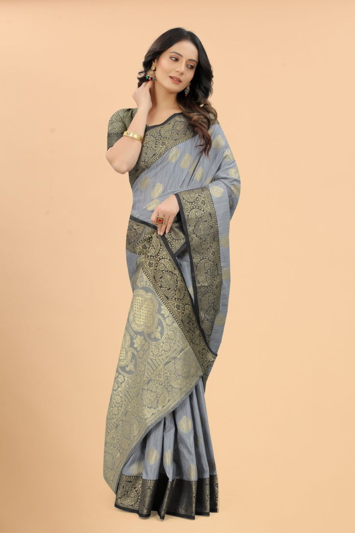 Women's Grey color With Golden Zari Jacquard Woven Self Design Cotton Silk saree with Customize blouse piece