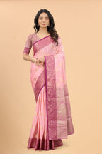 Women's Pink color With Golden Zari Jacquard Woven Self Design Cotton Silk saree with Customize blouse piece