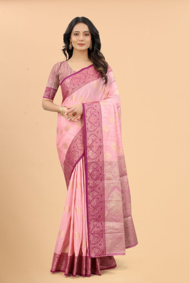 Women's Pink color With Golden Zari Jacquard Woven Self Design Cotton Silk saree with Customize blouse piece