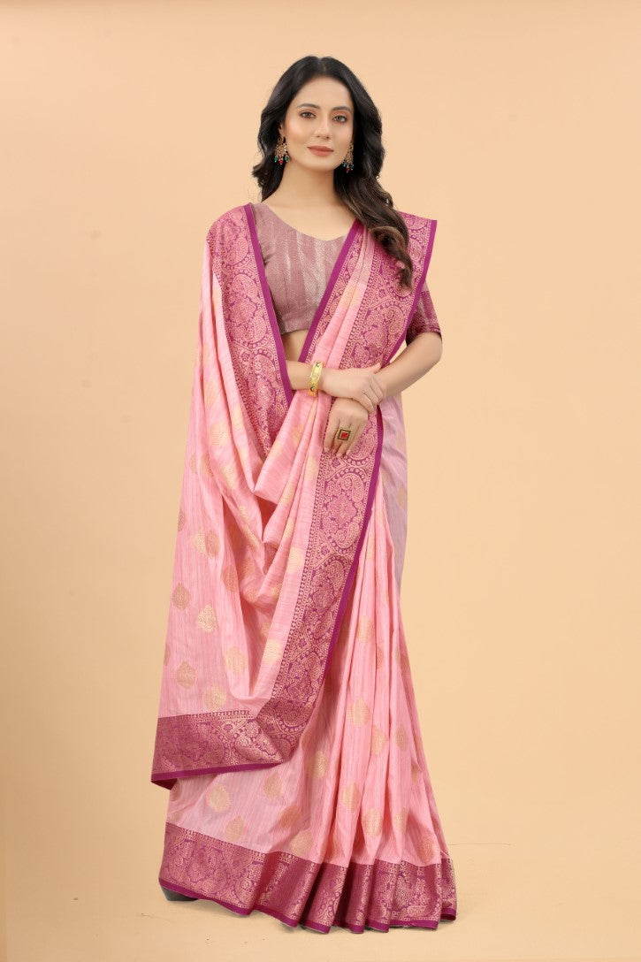 Women's Pink color With Golden Zari Jacquard Woven Self Design Cotton Silk saree with Customize blouse piece