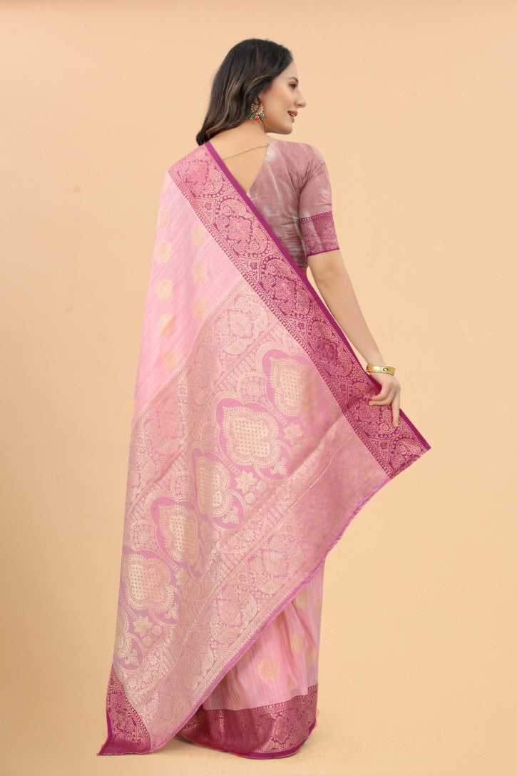 Women's Pink color With Golden Zari Jacquard Woven Self Design Cotton Silk saree with Customize blouse piece