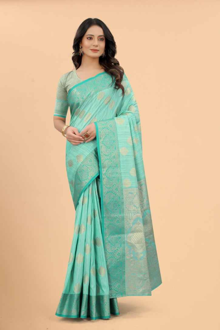 Women's Sky Blue color With Golden Zari Jacquard Woven Self Design Cotton Silk saree with Customize blouse piece