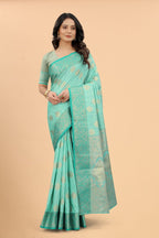 Women's Sky Blue color With Golden Zari Jacquard Woven Self Design Cotton Silk saree with Customize blouse piece