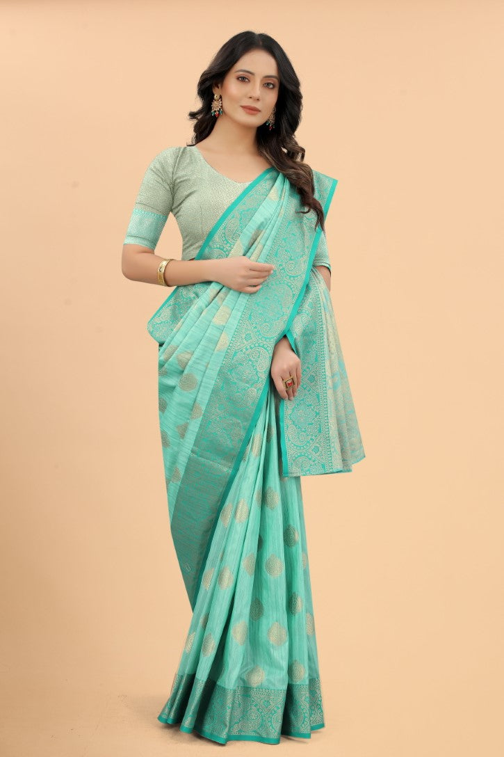 Women's Sky Blue color With Golden Zari Jacquard Woven Self Design Cotton Silk saree with Customize blouse piece