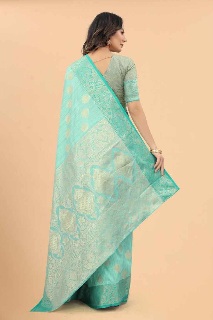 Women's Sky Blue color With Golden Zari Jacquard Woven Self Design Cotton Silk saree with Customize blouse piece