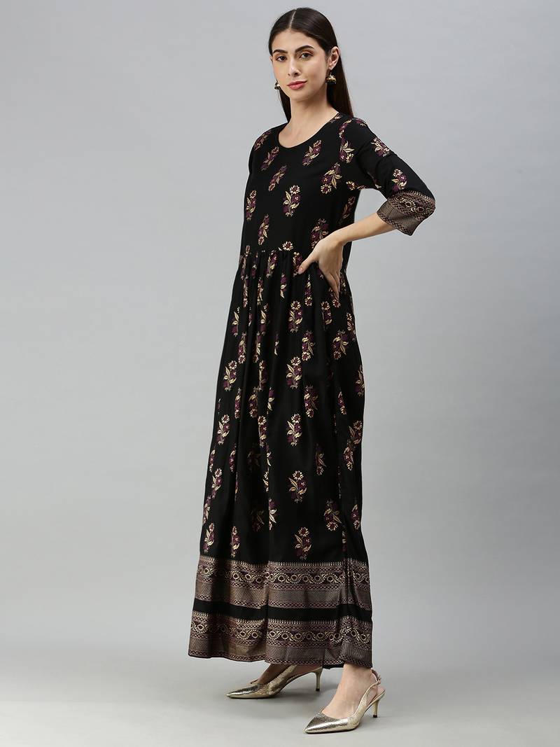 Psvan Women's Black Rayon Foil Printed Anarkali Kurtis Kurta